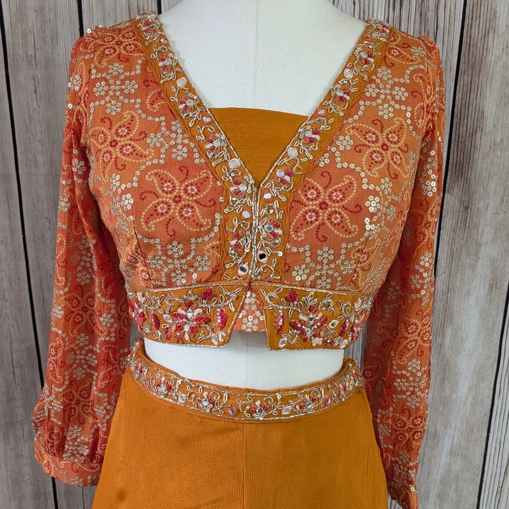 Orange Long Sleeves Crop Top, Palazzo and dupatta Set for Wedding Events - Picture 4 of 16